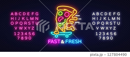 Pizza neon sign, slice on skateboard. Vector illustration with glowing text FAST FRESH and full neon alphabet on transparent dark background. Pizza neon sign, slice on skateboard. Vector illustration with glowing text FAST FRESH and full neon alphabet on transparent dark background. 127804490