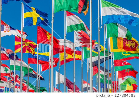 Lots of world's countries national flags waving on the wind, with Sweden, Sri Lankan, Macedonian, Tajik, Brazil, Sierra Leone, Bahrain banners in the foreground, Doha, Qatar 127804585
