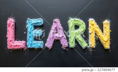 Word learn spelled with colorful chalk on dark slate board. New school year, knowledge, education start. 127804677