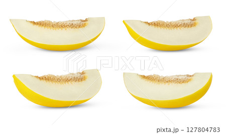Honey yellow melon slice with seeds isolated.. Collection of honeydew melon slices with clipping path, Honey yellow melon slice with seeds isolated.. Collection of honeydew melon slices with clipping path, 127804783