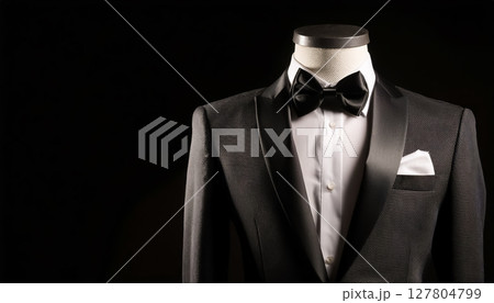 黒背景に映えるタキシードの上半身 ／ フォーマルと上質感を演出するスタイリッシュな素材 127804799