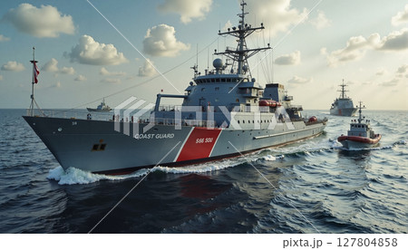 A Coast Guard vessel navigating through open waters, accompanied by a smaller boat, under a partly cloudy sky. A Coast Guard vessel navigating through open waters, accompanied by a smaller boat, under a partly cloudy sky. 127804858
