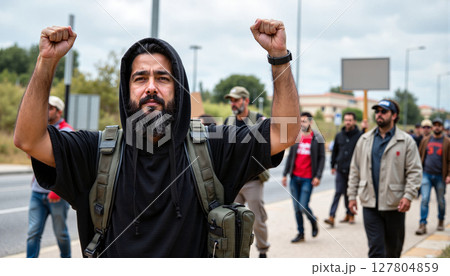 A man with raised fists stands among a group during a protest march, expressing solidarity and determination. 127804859