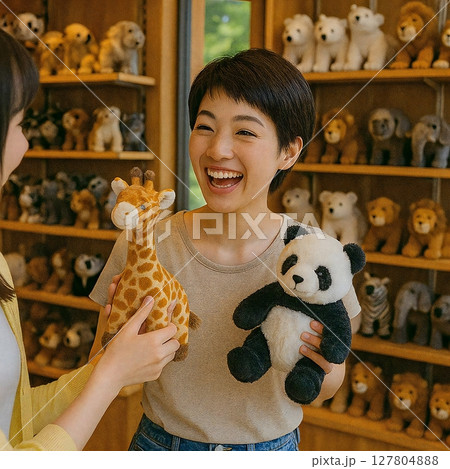 土産屋で動物のぬいぐるみを選ぶ楽しげな姿の場面を生成 127804888