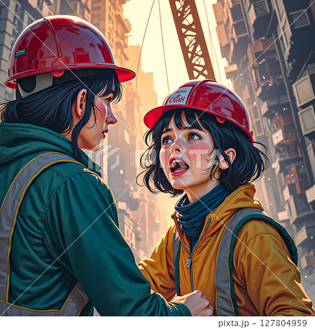 Incident at a construction site. A heated discussion on a construction site between two women in uniform. 127804959