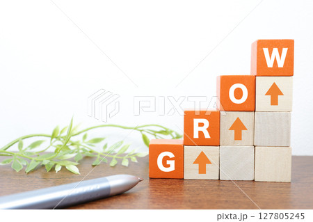 成長を表すGROWの文字と積み木の上昇グラフイメージ 成長を表すGROWの文字と積み木の上昇グラフイメージ 127805245