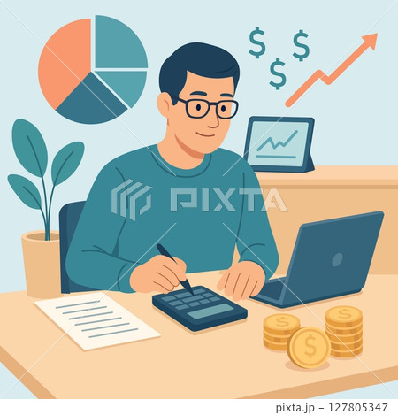 Flat vector illustration of man working with calculator and laptop at desk. Financial analysis, accounting, money management, budget planning. Flat vector illustration of man working with calculator and laptop at desk. Financial analysis, accounting, money management, budget planning. 127805347