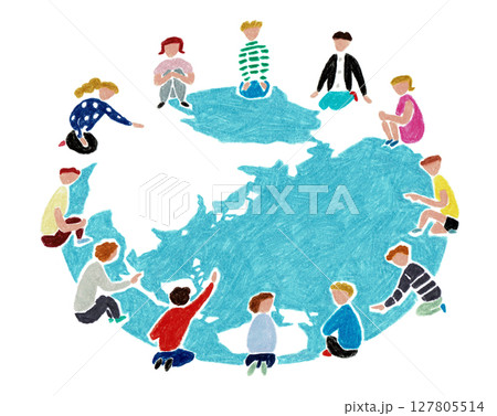 手描きイラスト こども会議 地球の上で輪になって話し合う子供たち 手描きイラスト こども会議 地球の上で輪になって話し合う子供たち 127805514
