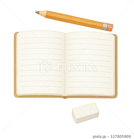水彩風 ノートと鉛筆と消しゴムの学習イラスト   127805909