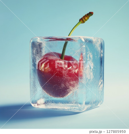 Cherries frozen in a transparent ice block on a cool blue background show bright frozen berry 127805950