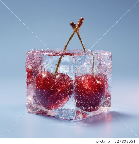 Frozen cherries captured in an ice block with bubbles against a soft blue background 127805951