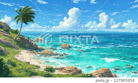 Bright tropical island view showcasing the ocean under a sunny sky 127805958