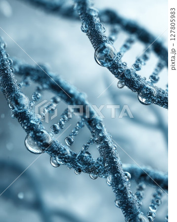 Close-up of two strands of DNA showcasing molecular structure and intricate details with water droplets 127805983