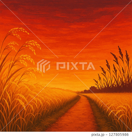 燃える夕暮れの稲穂と小径の田園イラスト   127805986
