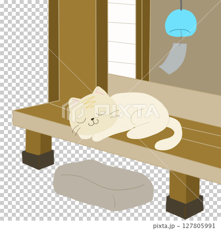 A cat taking a nap on the veranda and a wind chime A cat taking a nap on the veranda and a wind chime 127805991