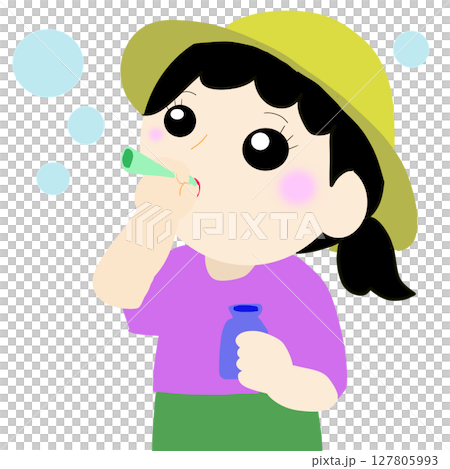 一個女孩手裡拿著泡泡液吹泡泡 127805993