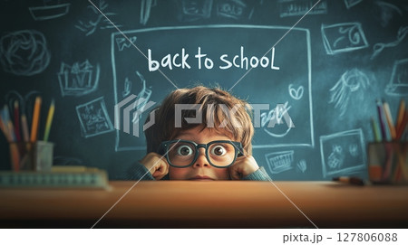 Schoolboy with big eyeglasses looking surprised at the blackboard with a back to school writing and drawings, representing the beginning of the new school year 127806088