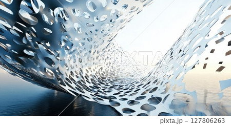 Abstract Structure Flows Over Water with Futuristic Architecture and Modern Design Theme. 127806263