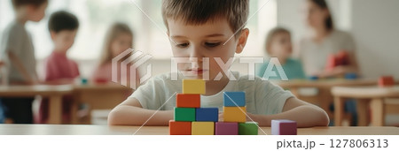 Preschool boy concentrating on building a tower with colorful wooden blocks, developing fine motor skills and problem solving abilities in a kindergarten classroom setting 127806313