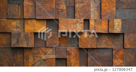 Wooden Blocks Form a Textured Wall with Rustic Charm, Decorative Panels for Interior Design Concept. Wooden Blocks Form a Textured Wall with Rustic Charm, Decorative Panels for Interior Design Concept. 127806347