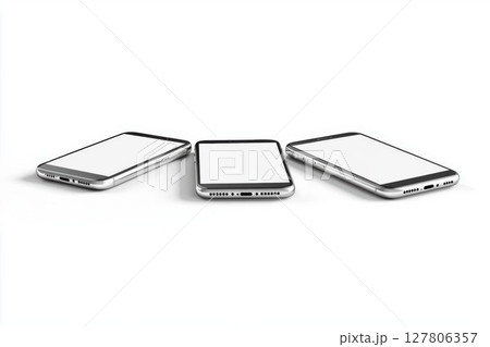 Three Smartphones Lay on White Background, Modern Technology Concept Three Smartphones Lay on White Background, Modern Technology Concept 127806357
