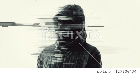 Anonymous Figure Disappears into Digital Distortion with Glitch Art Effect and Privacy Theme. Anonymous Figure Disappears into Digital Distortion with Glitch Art Effect and Privacy Theme. 127806434