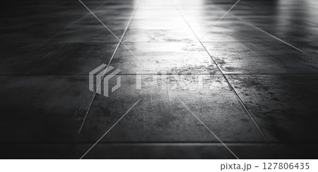 Dark Tile Floor Reflects Light Creating Modern Ambiance with Subtle Texture and Geometric Patterns. 127806435