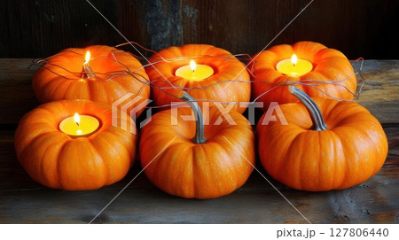 Orange Pumpkins Decorated with Tea Lights and Wire Decoration, Rustic Fall, Autumn Table Decor Inspiration. 127806440