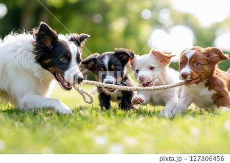 仲良くロープを引っ張る犬たちの元気な遊び時間 仲良くロープを引っ張る犬たちの元気な遊び時間 127806456