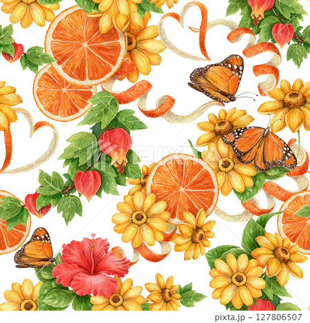 Seamless pattern with flower, monarch butterfly and orange slice. Watercolor design in bright yellow, red and orange. Ideal for fabric or wallpaper summer decoration and tropical print concepts. 127806507