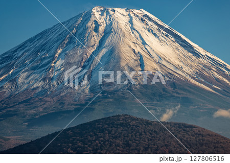 精進湖畔から見る晩秋の富士山と大室山 精進湖畔から見る晩秋の富士山と大室山 127806516