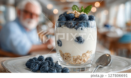 Healthy breakfast for seniors. Clear glass filled with yogurt, oats, and blueberries on a breakfast tray beside an elderly man in a bright, peaceful dining area 127806691