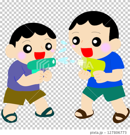 水鉄砲を撃ち合う兄弟 水鉄砲を撃ち合う兄弟 127806773