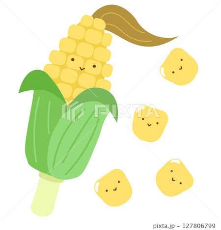 かわいいトウモロコシ　キャラクター　葉と髭付き　粒　夏野菜　ベクターイラスト 127806799