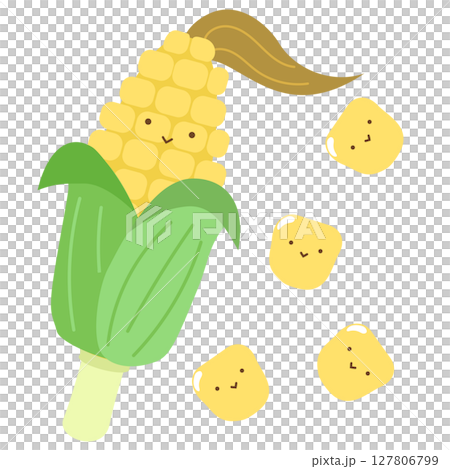 かわいいトウモロコシ　キャラクター　葉と髭付き　粒　夏野菜　ベクターイラスト 127806799