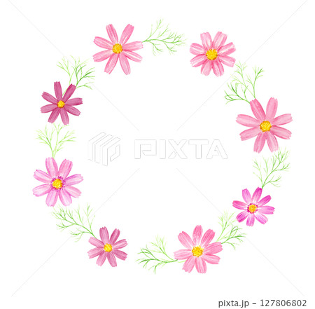 水彩で描いたコスモスのリース 127806802