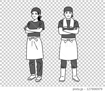 Male and female ramen shop staff with arms folded Male and female ramen shop staff with arms folded 127806979