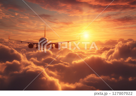 Airplane Flying Through Colorful Clouds Under a Dramatic Sunset Sky Overcast with Smoky Hues 127807022