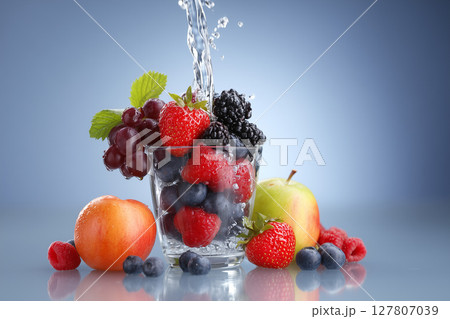 Refreshing Splash of Mixed Fruits and Vegetables in Clear Water for Healthy Diet Imagery 127807039