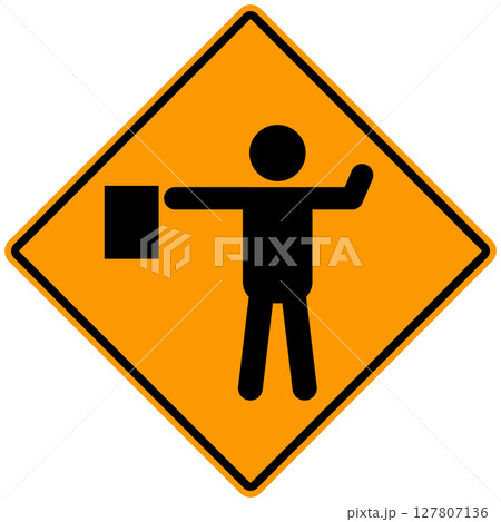 Flagger sign. Flagman ahead road symbol. Traffic caution signal. flat style. 127807136