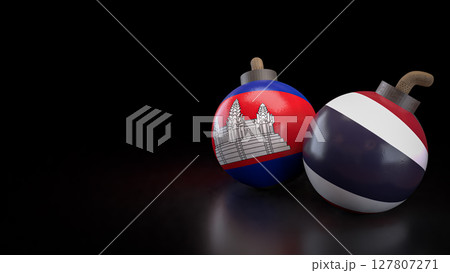 The Thailand and Cambodia flag on Bomb for crisis or war concept 3d Rendering. The Thailand and Cambodia flag on Bomb for crisis or war concept 3d Rendering. 127807271