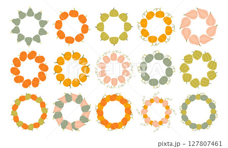 Pumpkin circle frame set. Round border made of fall pumpkins. The pumpkins have different shapes and are arranged in a circle. Vector flat isolated on white background. 127807461