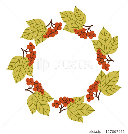 Autumn berry circle frame. Round border made of fall berries. The berries have different shapes and are arranged in a circle. Vector flat isolated on white background. 127807463