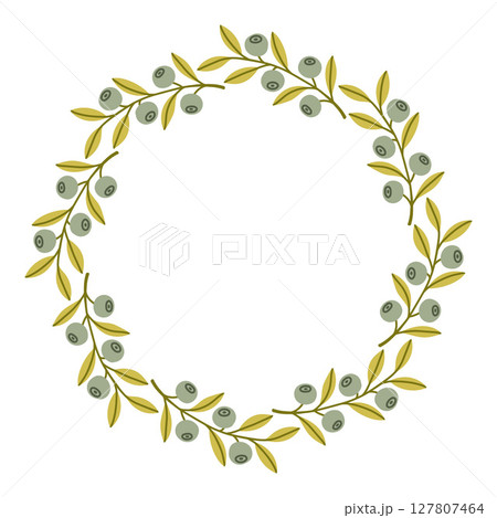 Autumn berry circle frame. Round border made of fall berries. The berries have different shapes and are arranged in a circle. Vector flat isolated on white background. Autumn berry circle frame. Round border made of fall berries. The berries have different shapes and are arranged in a circle. Vector flat isolated on white background. 127807464