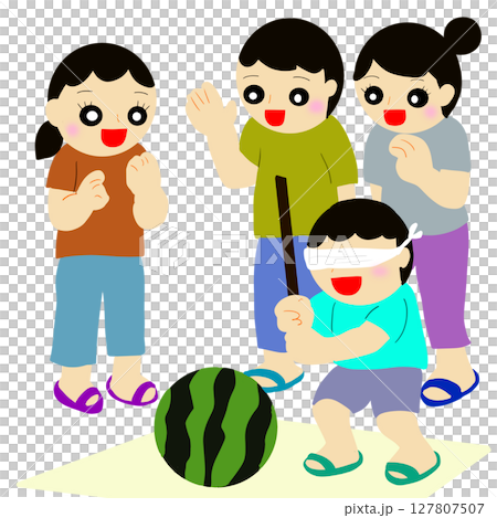 Family enjoying watermelon split 127807507