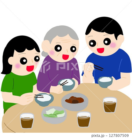 おばあちゃんの手料理を囲んで食卓に集う風景 おばあちゃんの手料理を囲んで食卓に集う風景 127807509