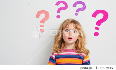 Surprised little girl with wide open eyes is standing in front of a white wall with colorful question marks hovering above her head, evoking curiosity and the process of learning 127807645