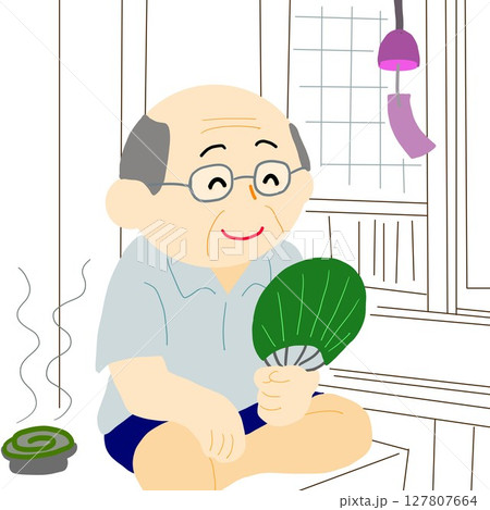 蚊取り線香をたいて涼むおじいちゃん 127807664