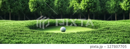 White golf ball resting in a perfectly manicured hole on a vibrant green course, surrounded by lush grass and trees, creating a serene and inviting golfing scene 127807705