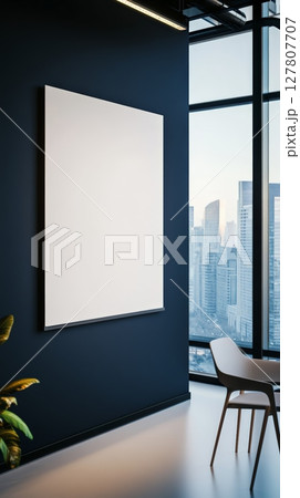 Empty white poster hanging on dark blue wall in stylish office room with panoramic windows overlooking modern cityscape, providing space for design and advertising Empty white poster hanging on dark blue wall in stylish office room with panoramic windows overlooking modern cityscape, providing space for design and advertising 127807707